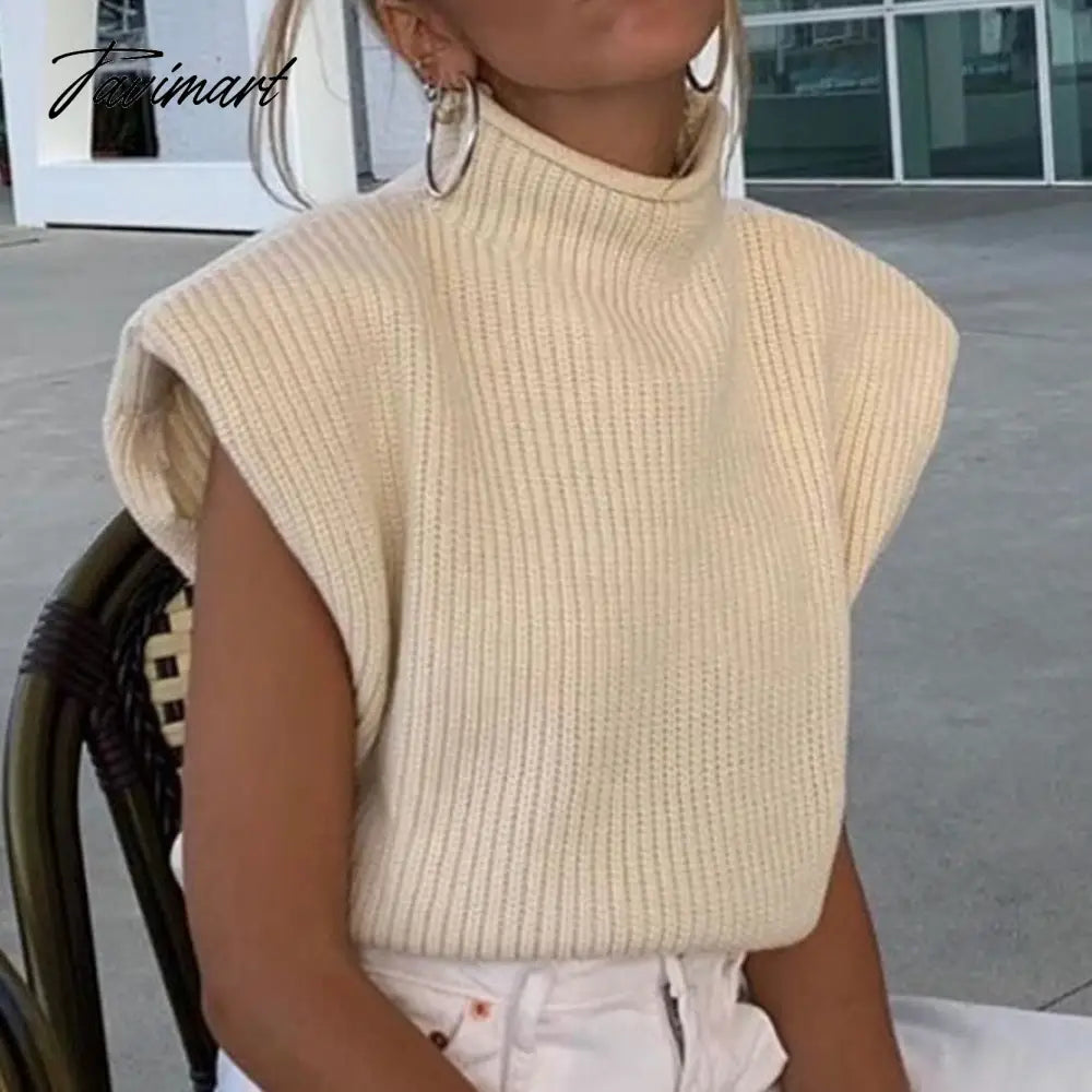 Sweater Vest Women Hight Neck Shoulder Pads Sweater Vest Dames Knitted Jumper Autumn Winter Korean Pullover Loose Tops
