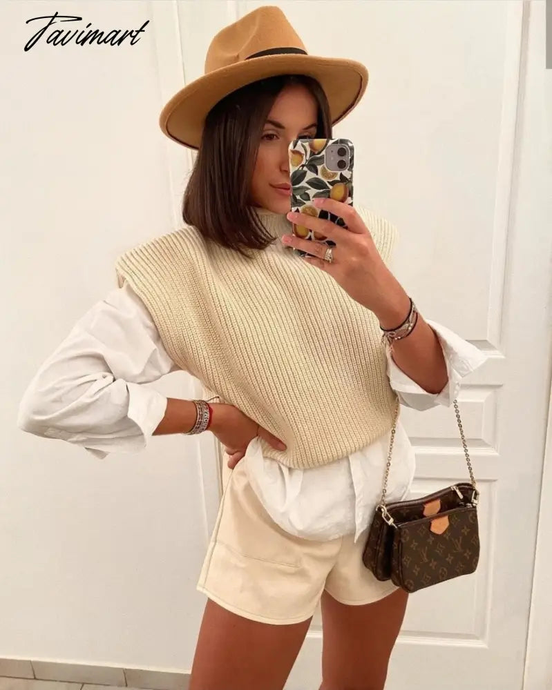 Sweater Vest Women Hight Neck Shoulder Pads Sweater Vest Dames Knitted Jumper Autumn Winter Korean Pullover Loose Tops