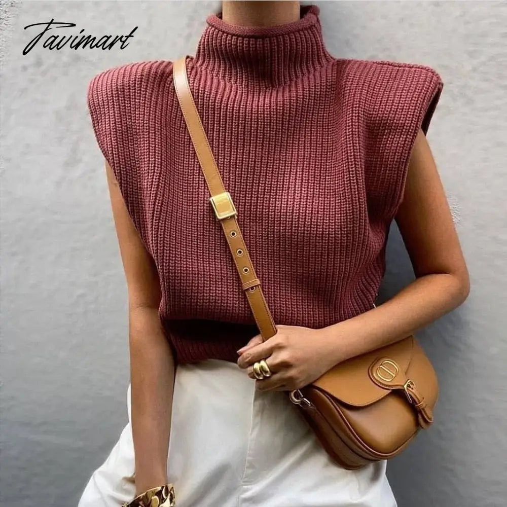 Sweater Vest Women Hight Neck Shoulder Pads Sweater Vest Dames Knitted Jumper Autumn Winter Korean Pullover Loose Tops