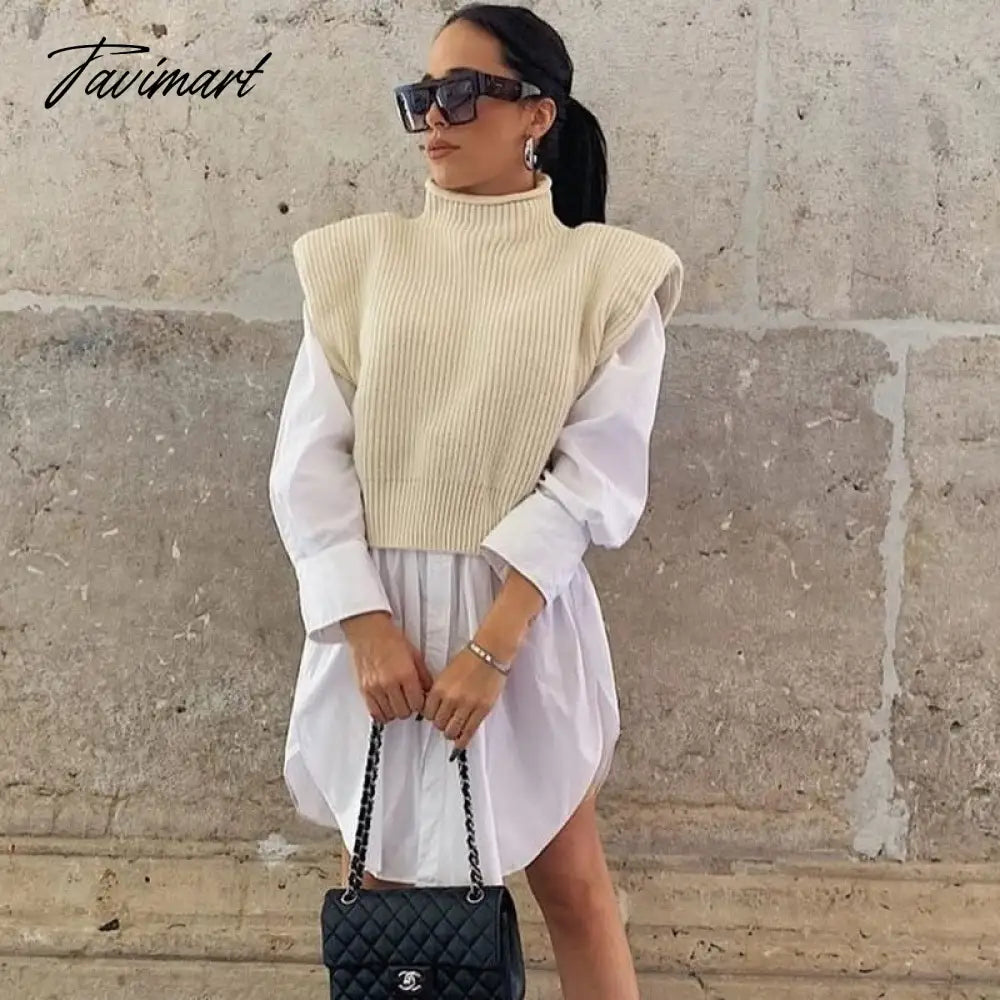 Sweater Vest Women Hight Neck Shoulder Pads Sweater Vest Dames Knitted Jumper Autumn Winter Korean Pullover Loose Tops