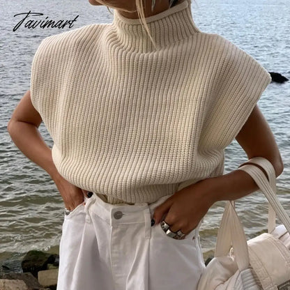 Sweater Vest Women Hight Neck Shoulder Pads Sweater Vest Dames Knitted Jumper Autumn Winter Korean Pullover Loose Tops
