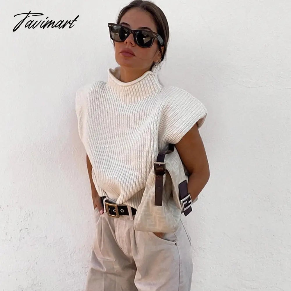 Sweater Vest Women Hight Neck Shoulder Pads Sweater Vest Dames Knitted Jumper Autumn Winter Korean Pullover Loose Tops