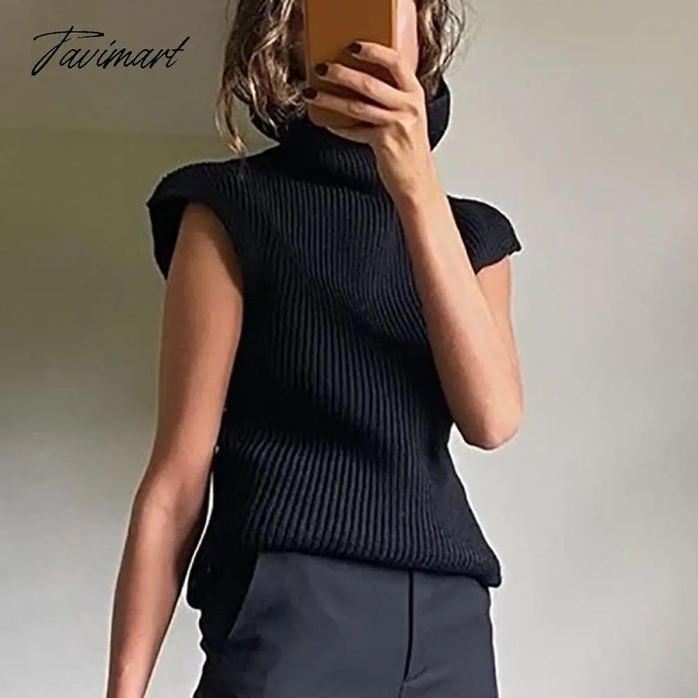 Sweater Vest Women Hight Neck Shoulder Pads Sweater Vest Dames Knitted Jumper Autumn Winter Korean Pullover Loose Tops