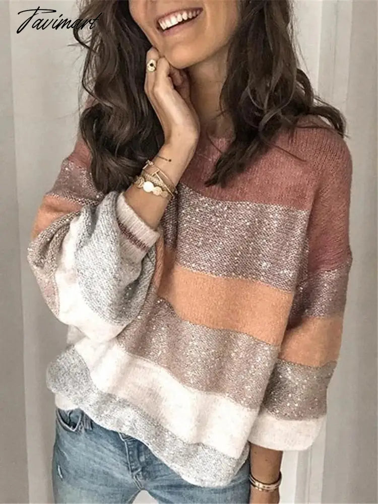 Sweaters for Women Fashion Korean New Autumn Winter Long Sleeve Top Pullovers LOOSE Striped Oversized Sweater O-Neck Jumper