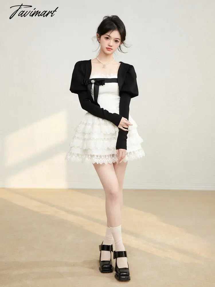 Sweet A-LINE Mini Dress Women Korean Lace Party Dress Spring Lady Elegant Lace Cake Dress Female Casual Dress With Bow