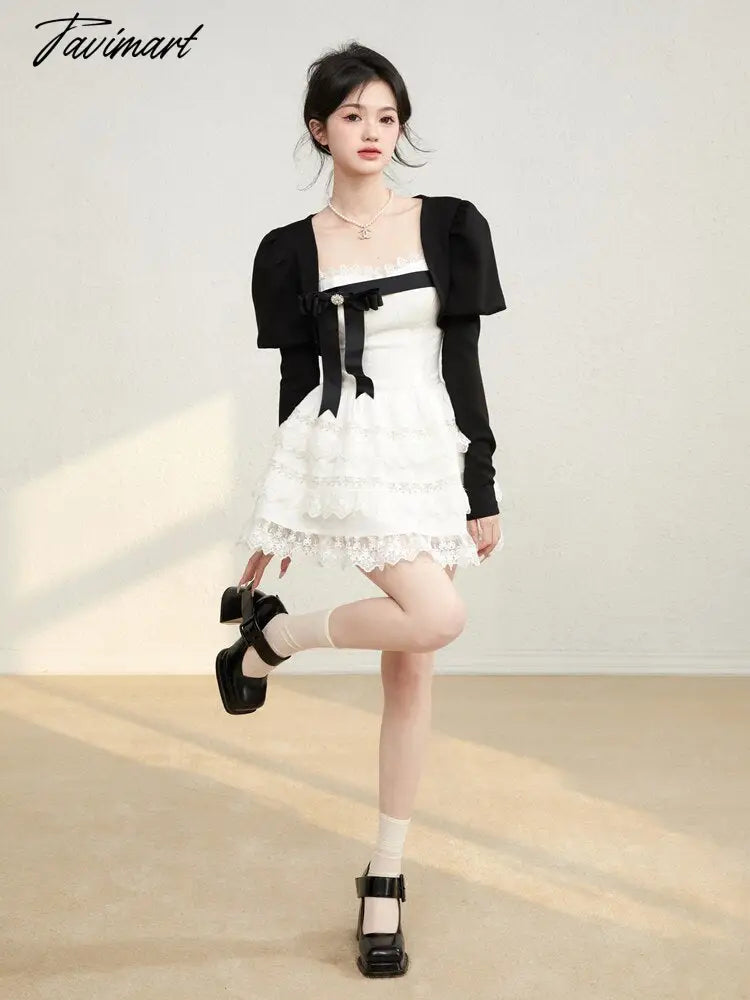 Sweet A-LINE Mini Dress Women Korean Lace Party Dress Spring Lady Elegant Lace Cake Dress Female Casual Dress With Bow