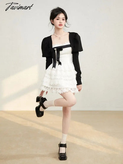 Sweet A-LINE Mini Dress Women Korean Lace Party Dress Spring Lady Elegant Lace Cake Dress Female Casual Dress With Bow
