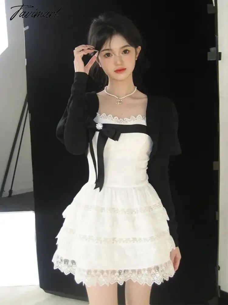 Sweet A-LINE Mini Dress Women Korean Lace Party Dress Spring Lady Elegant Lace Cake Dress Female Casual Dress With Bow