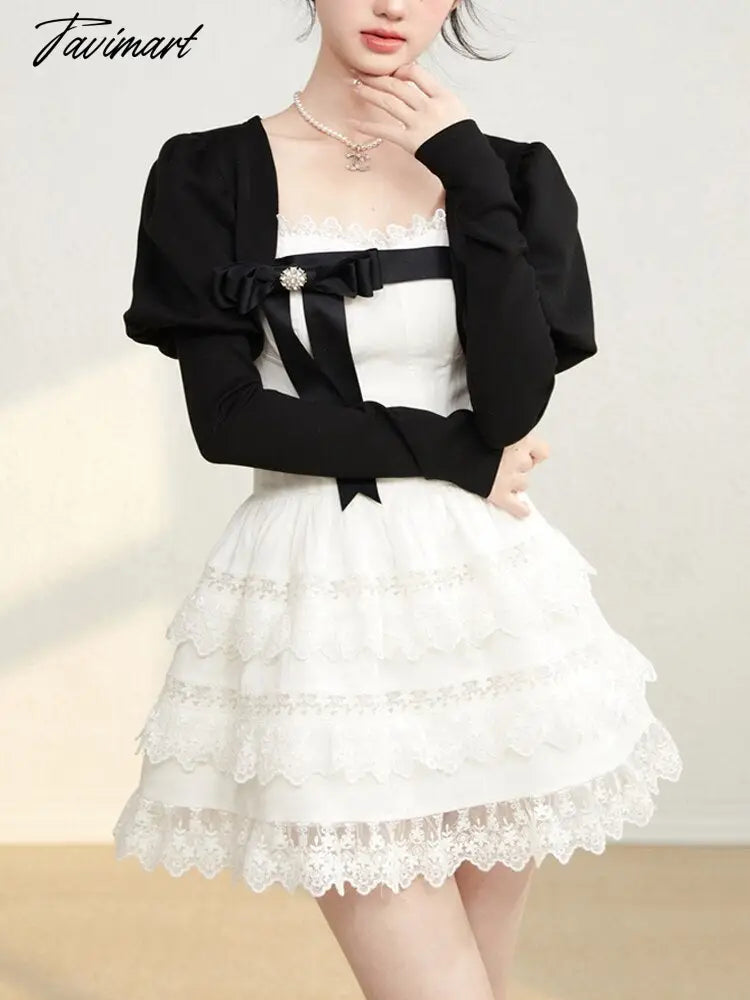 Sweet A-LINE Mini Dress Women Korean Lace Party Dress Spring Lady Elegant Lace Cake Dress Female Casual Dress With Bow