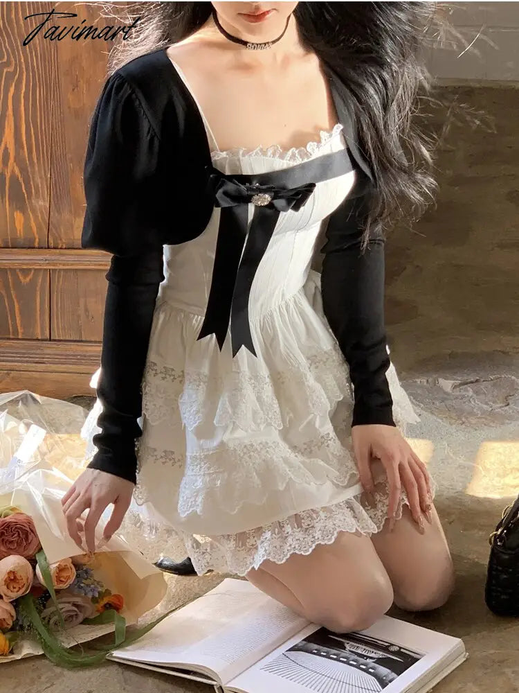 Sweet A-LINE Mini Dress Women Korean Lace Party Dress Spring Lady Elegant Lace Cake Dress Female Casual Dress With Bow