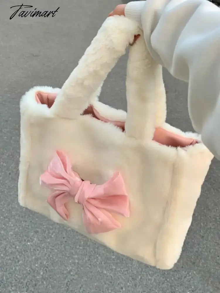 Sweet Bow Tote Bag Women Harajuku Aesthetic Plush Soft Chic White Shoulder Bag Ladies Large Capacity Casual Handbag New