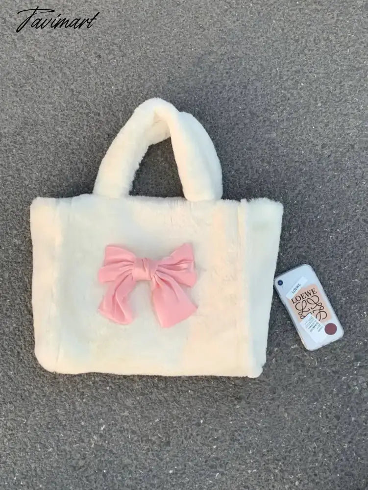 Sweet Bow Tote Bag Women Harajuku Aesthetic Plush Soft Chic White Shoulder Bag Ladies Large Capacity Casual Handbag New