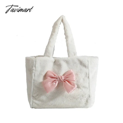 Sweet Bow Tote Bag Women Harajuku Aesthetic Plush Soft Chic White Shoulder Bag Ladies Large Capacity Casual Handbag New