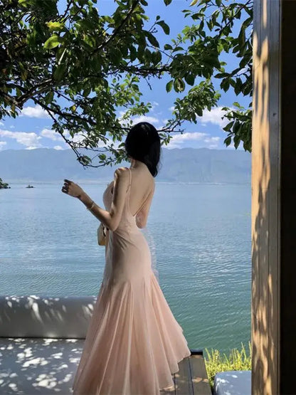 Sweet Elegant Pink Slip Backless Ruffles Pleated Fishtail Long Dresses Women Sexy Birthday Party Prom Evening Dress 2024 Summer