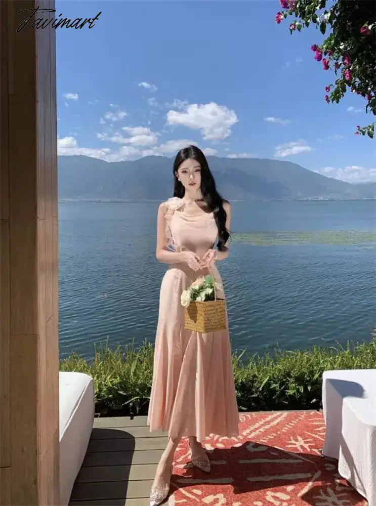 Sweet Elegant Pink Slip Backless Ruffles Pleated Fishtail Long Dresses Women Sexy Birthday Party Prom Evening Dress 2024 Summer