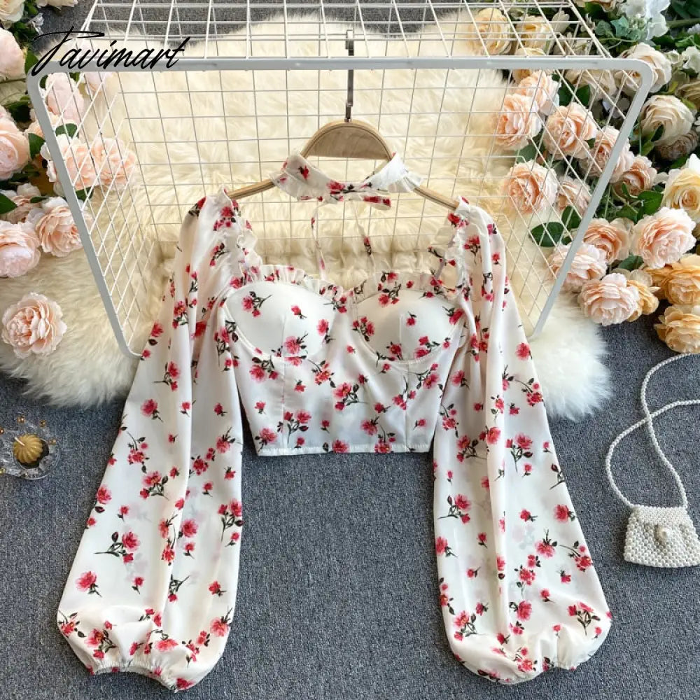 Sweet Flower Bubble Sleeve Short Style Waist-Exposed Blouse Neck Lace-up Chiffon Female Puff Sleeve Top