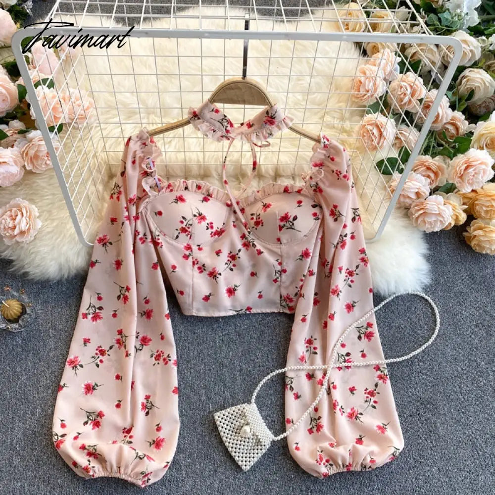 Sweet Flower Bubble Sleeve Short Style Waist-Exposed Blouse Neck Lace-up Chiffon Female Puff Sleeve Top