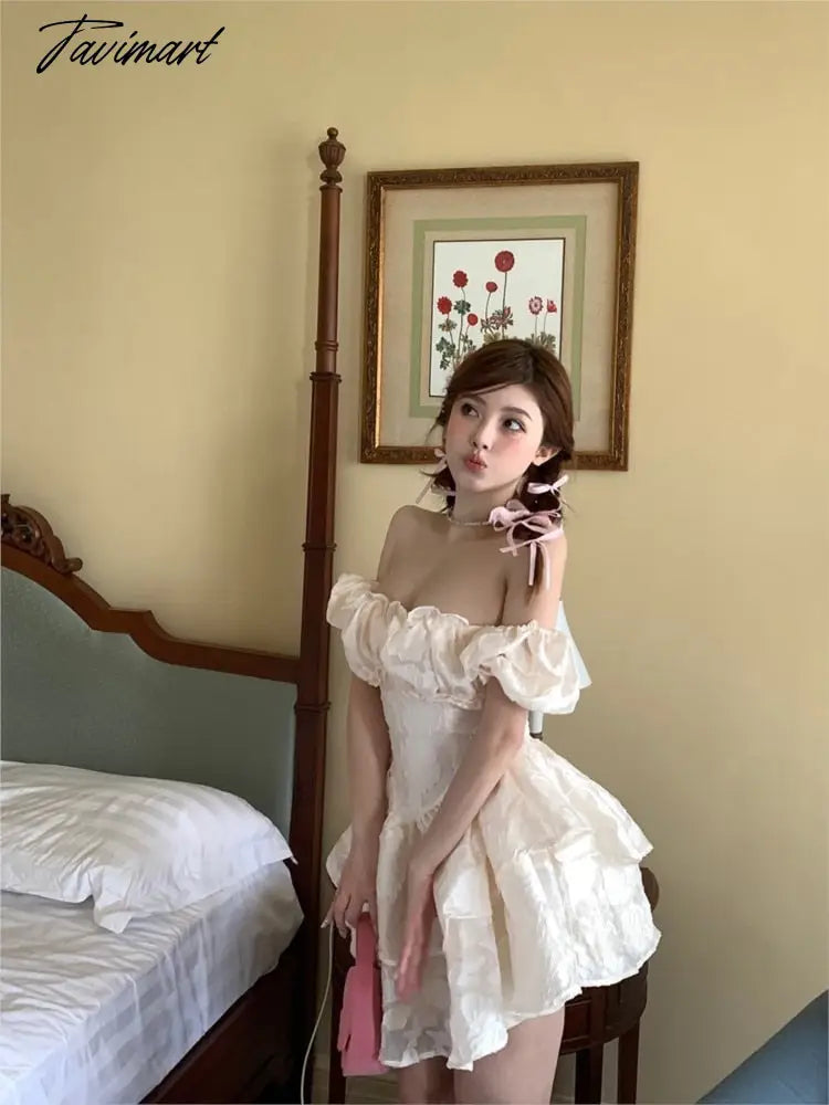 Sweet French Vintage Dress Women Summer New Princess Puff Sleeve Cake Short Party Dress Casual Holiday Female Beach Dress
