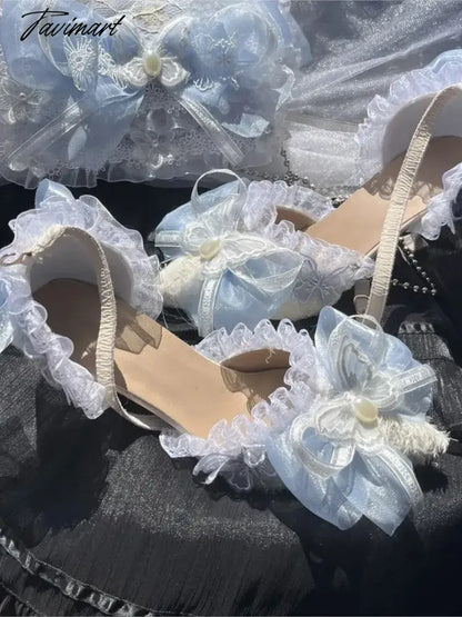 Sweet Lolita Retro Court Style Cosplay Cute Loli Flower Wedding Girl Pearl Ribbon Butterfly Lace 8cm Pink Blue High Heeled Shoes