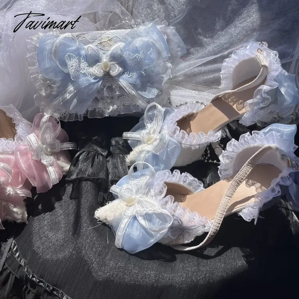 Sweet Lolita Retro Court Style Cosplay Cute Loli Flower Wedding Girl Pearl Ribbon Butterfly Lace 8cm Pink Blue High Heeled Shoes