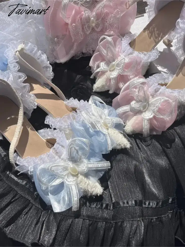 Sweet Lolita Retro Court Style Cosplay Cute Loli Flower Wedding Girl Pearl Ribbon Butterfly Lace 8cm Pink Blue High Heeled Shoes