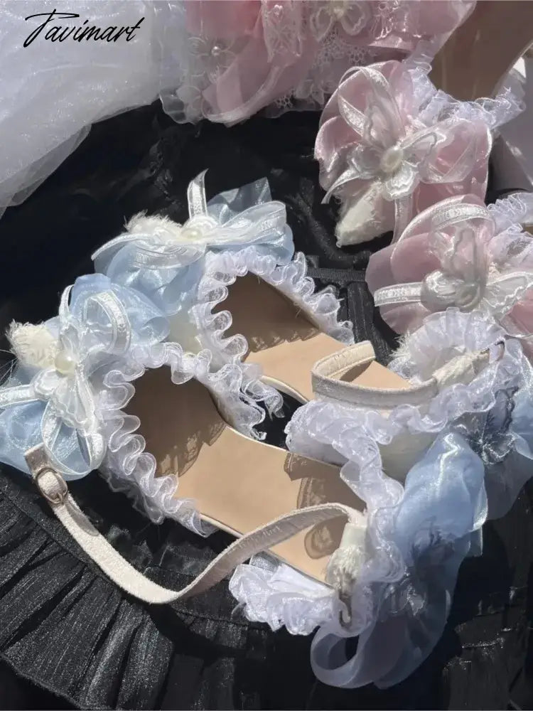 Sweet Lolita Retro Court Style Cosplay Cute Loli Flower Wedding Girl Pearl Ribbon Butterfly Lace 8cm Pink Blue High Heeled Shoes