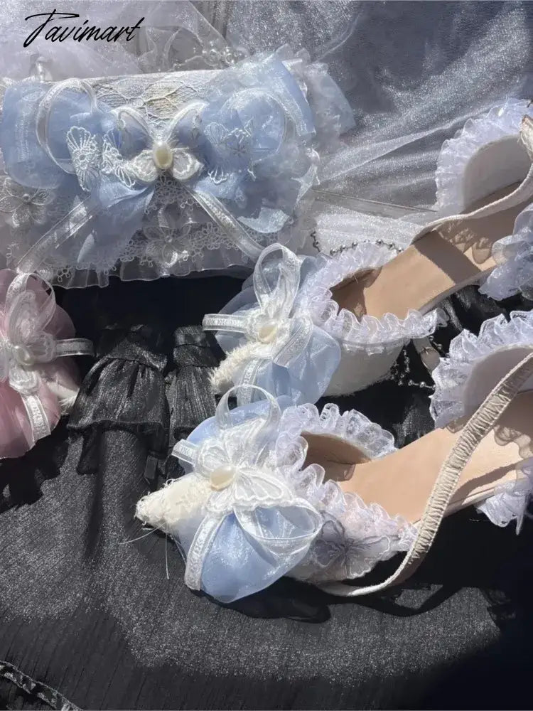 Sweet Lolita Retro Court Style Cosplay Cute Loli Flower Wedding Girl Pearl Ribbon Butterfly Lace 8cm Pink Blue High Heeled Shoes