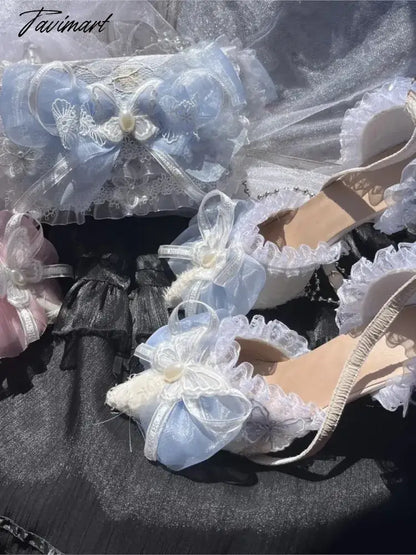 Sweet Lolita Retro Court Style Cosplay Cute Loli Flower Wedding Girl Pearl Ribbon Butterfly Lace 8cm Pink Blue High Heeled Shoes