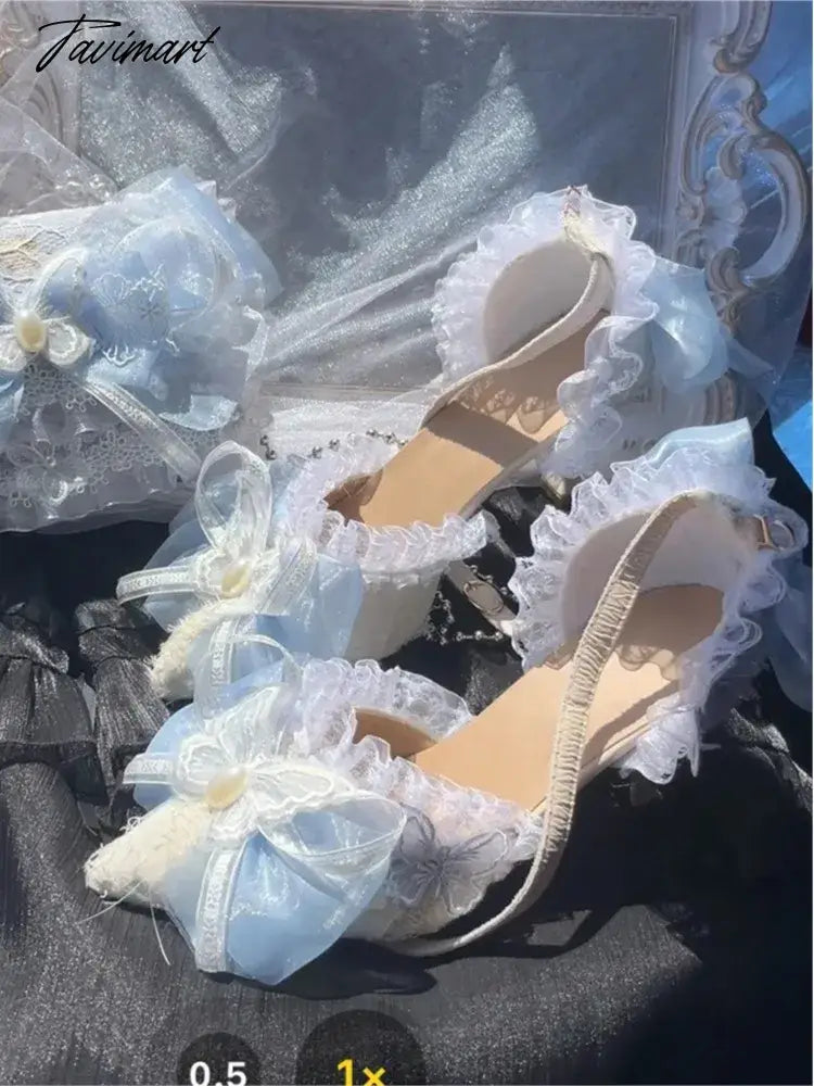 Sweet Lolita Retro Court Style Cosplay Cute Loli Flower Wedding Girl Pearl Ribbon Butterfly Lace 8cm Pink Blue High Heeled Shoes