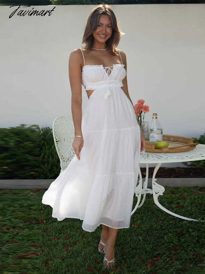 Sweet Sexy V Neck Spaghetti Straps Tassel Decoration Sleeveless Dresses For Women Elegant Backless Maxi Dress A2616