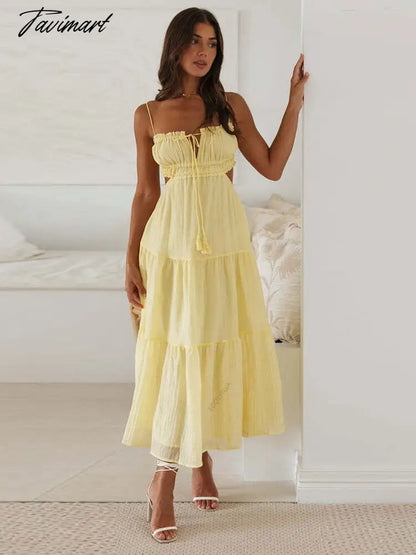 Sweet Sexy V Neck Spaghetti Straps Tassel Decoration Sleeveless Dresses For Women Elegant Backless Maxi Dress A2616