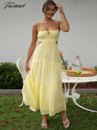 Sweet Sexy V Neck Spaghetti Straps Tassel Decoration Sleeveless Dresses For Women Elegant Backless Maxi Dress A2616