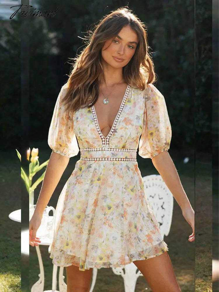 Sweet Yellow Sexy V Neck Hollow Out A-Line Dress Tunic For Women Summer Bohemian Printed Puff Sleeve Mini Dresses A2693