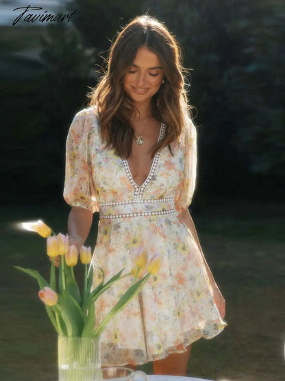 Sweet Yellow Sexy V Neck Hollow Out A-Line Dress Tunic For Women Summer Bohemian Printed Puff Sleeve Mini Dresses A2693