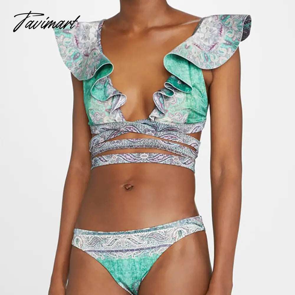 Swimsuit Two Pieces Tankini Fashion Print Ruffle Bikini Women's Bandage Swimsuit Summer Beach Print Floral Tie Dye Lace Stripe