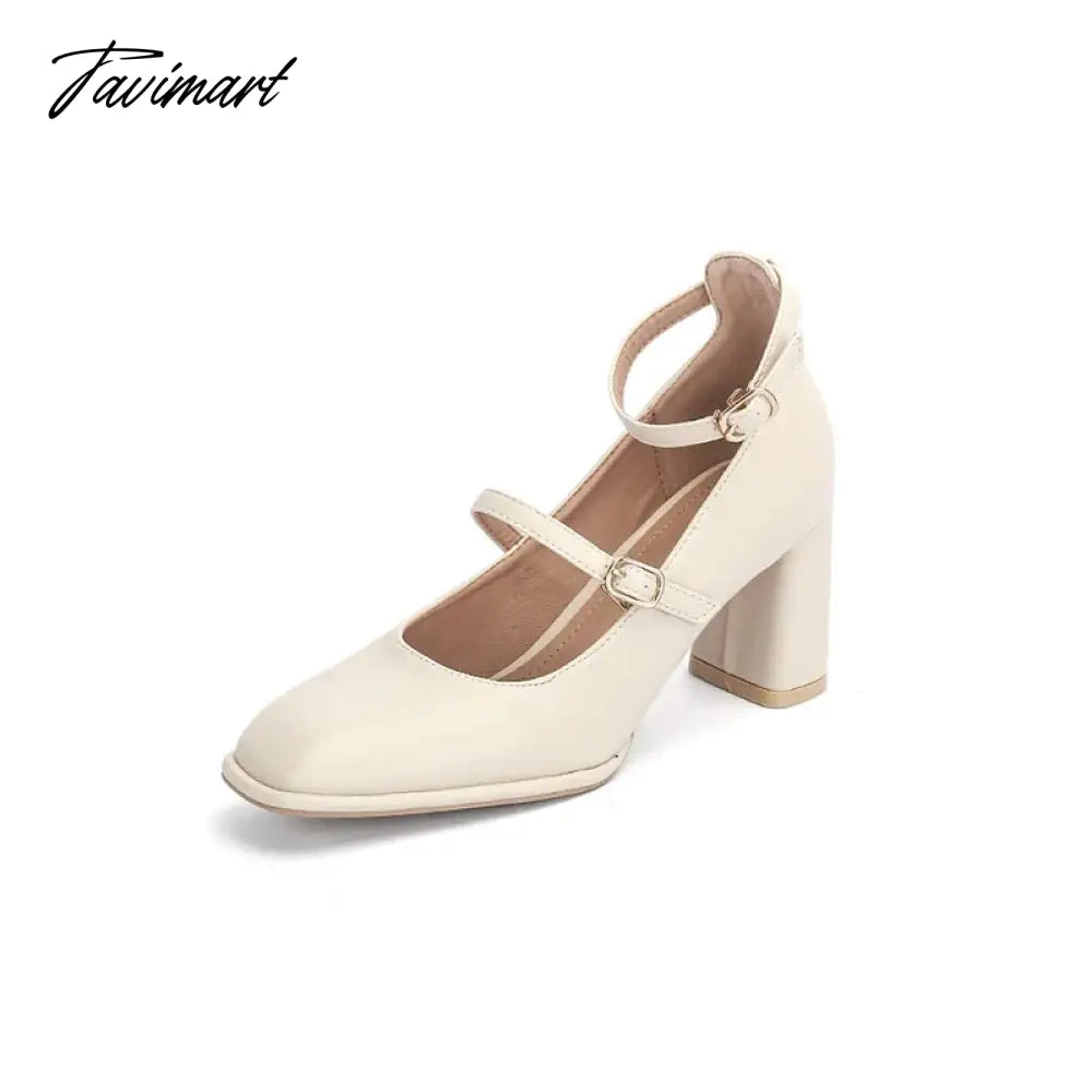 Thick High Heels Mary Jane Shoes for Women Spring Fashion Double Buckle Strap Pumps Women Black Apricot PU Shoes