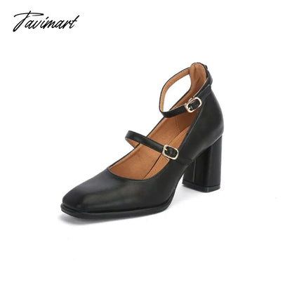 Thick High Heels Mary Jane Shoes for Women Spring Fashion Double Buckle Strap Pumps Women Black Apricot PU Shoes