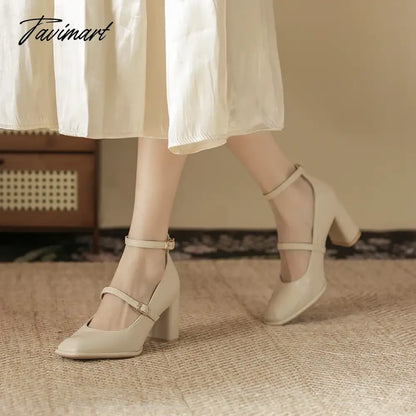 Thick High Heels Mary Jane Shoes for Women Spring Fashion Double Buckle Strap Pumps Women Black Apricot PU Shoes