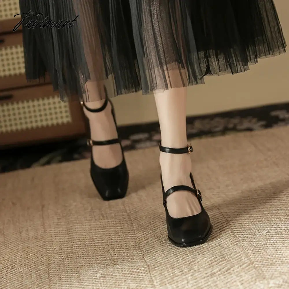 Thick High Heels Mary Jane Shoes for Women Spring Fashion Double Buckle Strap Pumps Women Black Apricot PU Shoes