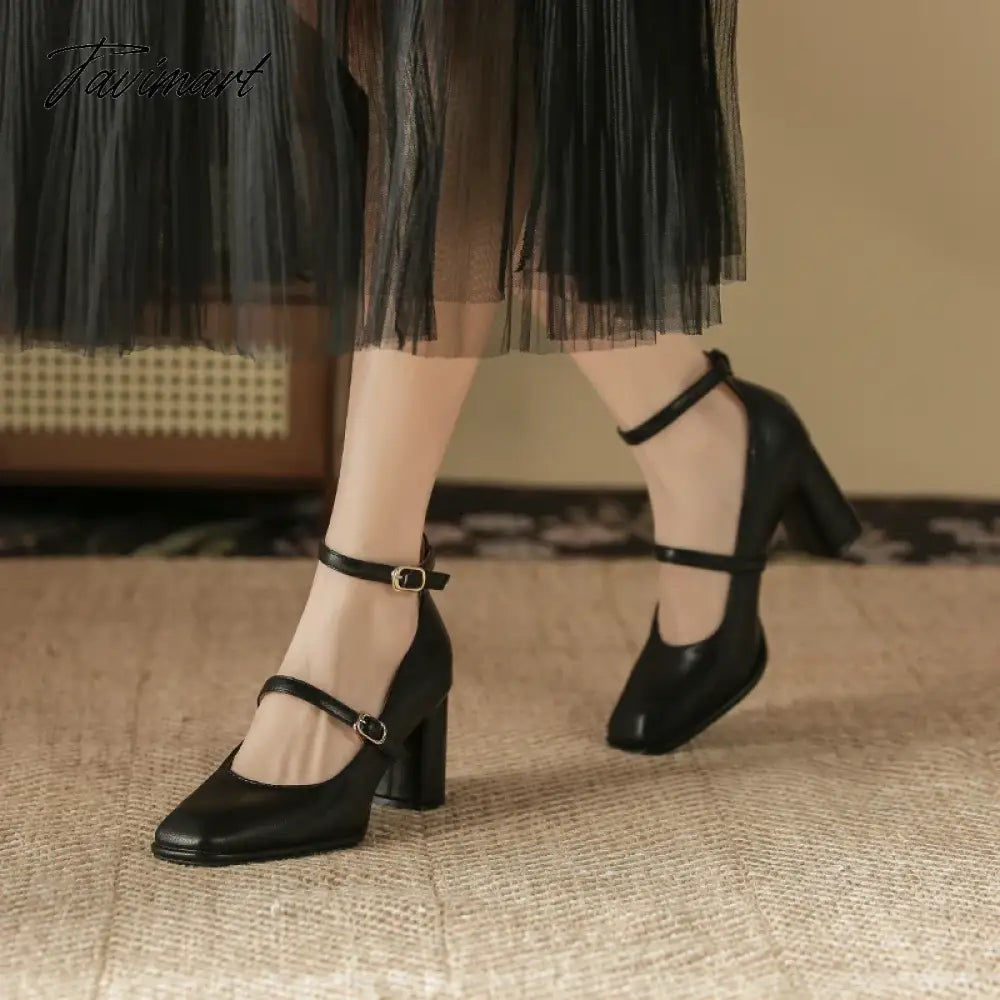 Thick High Heels Mary Jane Shoes for Women Spring Fashion Double Buckle Strap Pumps Women Black Apricot PU Shoes