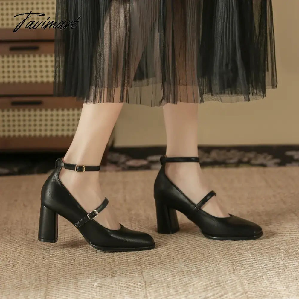 Thick High Heels Mary Jane Shoes for Women Spring Fashion Double Buckle Strap Pumps Women Black Apricot PU Shoes