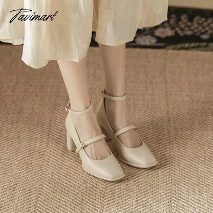 Thick High Heels Mary Jane Shoes for Women Spring Fashion Double Buckle Strap Pumps Women Black Apricot PU Shoes