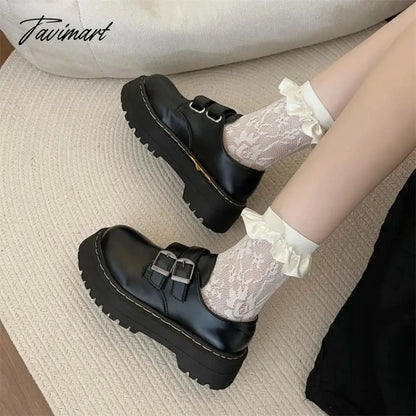 Thick sole single shoe women's genuine leather round toe raised small leather shoes