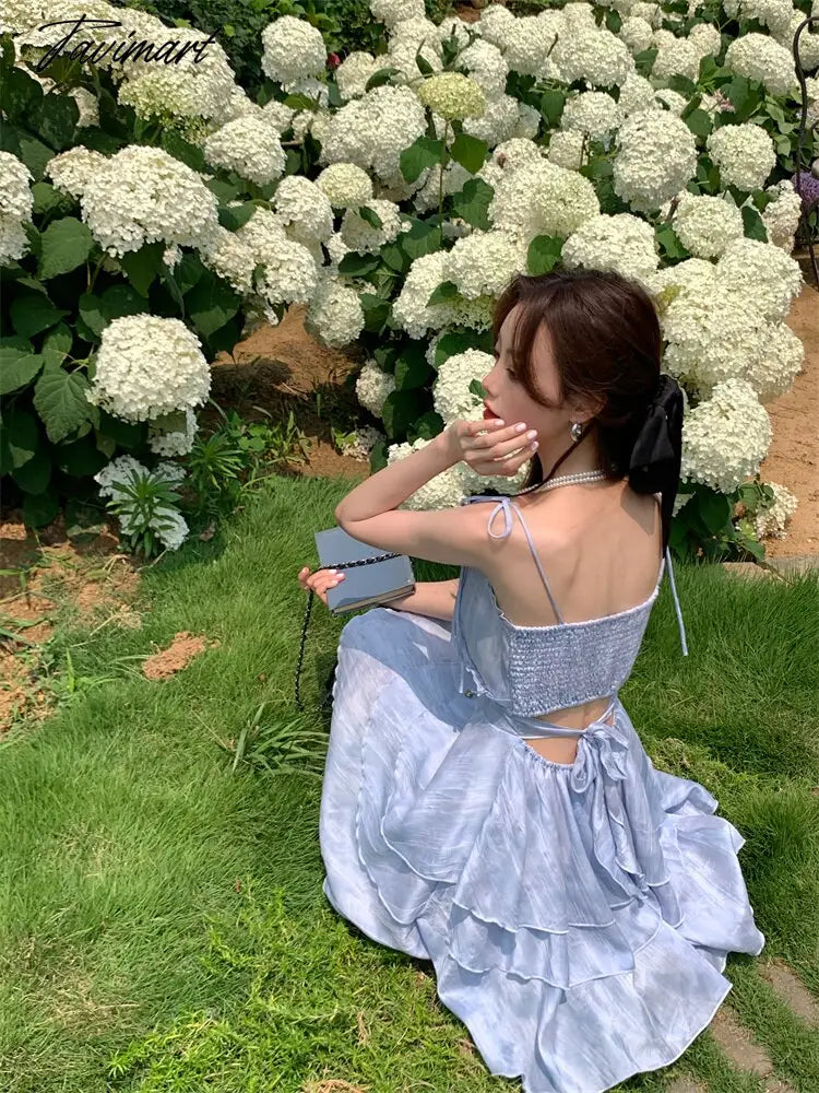 Tie-dye Lace-up Dress Women Spring Back Hollowed Out Suspender Skirt A-line Skirt Korean Fashion Dresses for Women