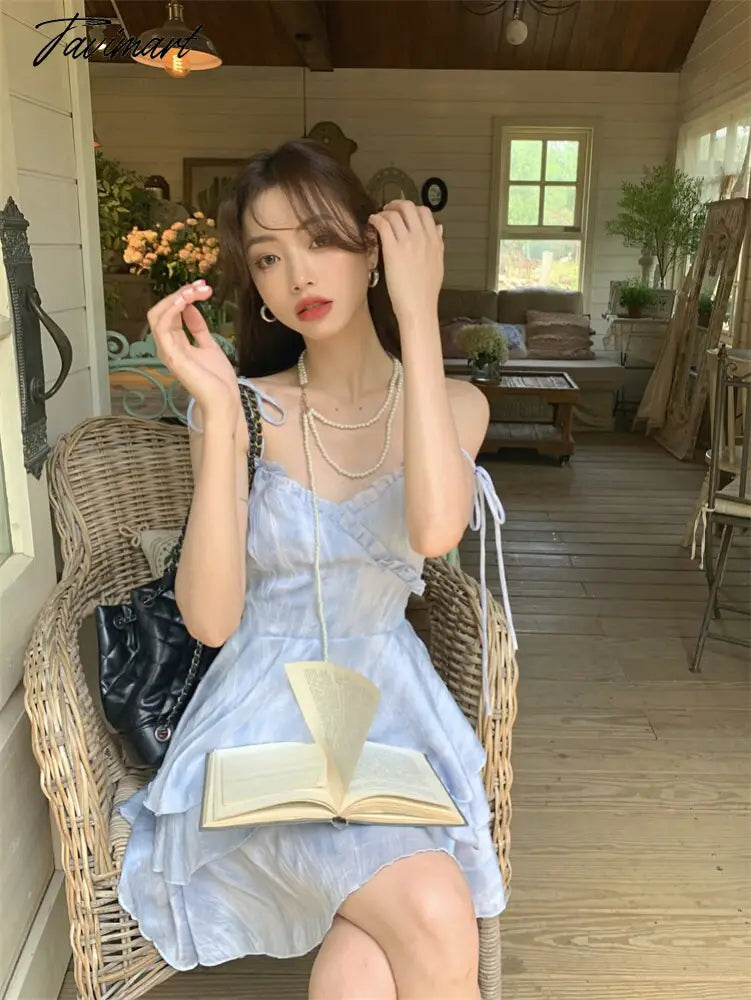 Tie-dye Lace-up Dress Women Spring Back Hollowed Out Suspender Skirt A-line Skirt Korean Fashion Dresses for Women