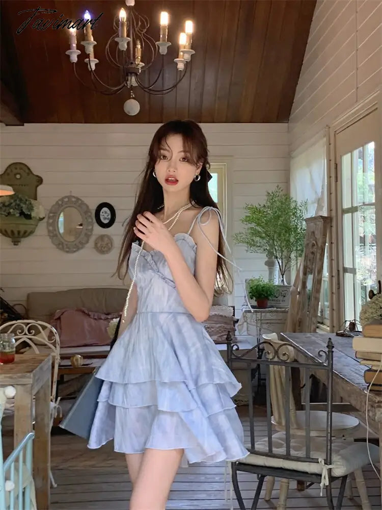 Tie-dye Lace-up Dress Women Spring Back Hollowed Out Suspender Skirt A-line Skirt Korean Fashion Dresses for Women