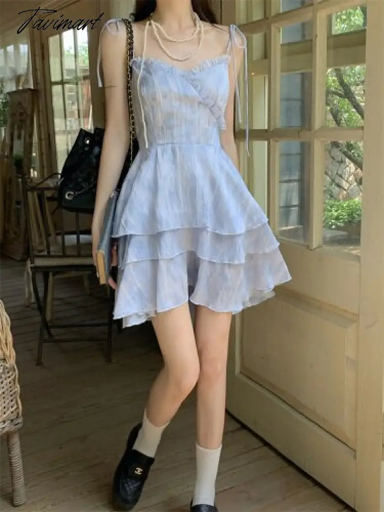 Tie-dye Lace-up Dress Women Spring Back Hollowed Out Suspender Skirt A-line Skirt Korean Fashion Dresses for Women