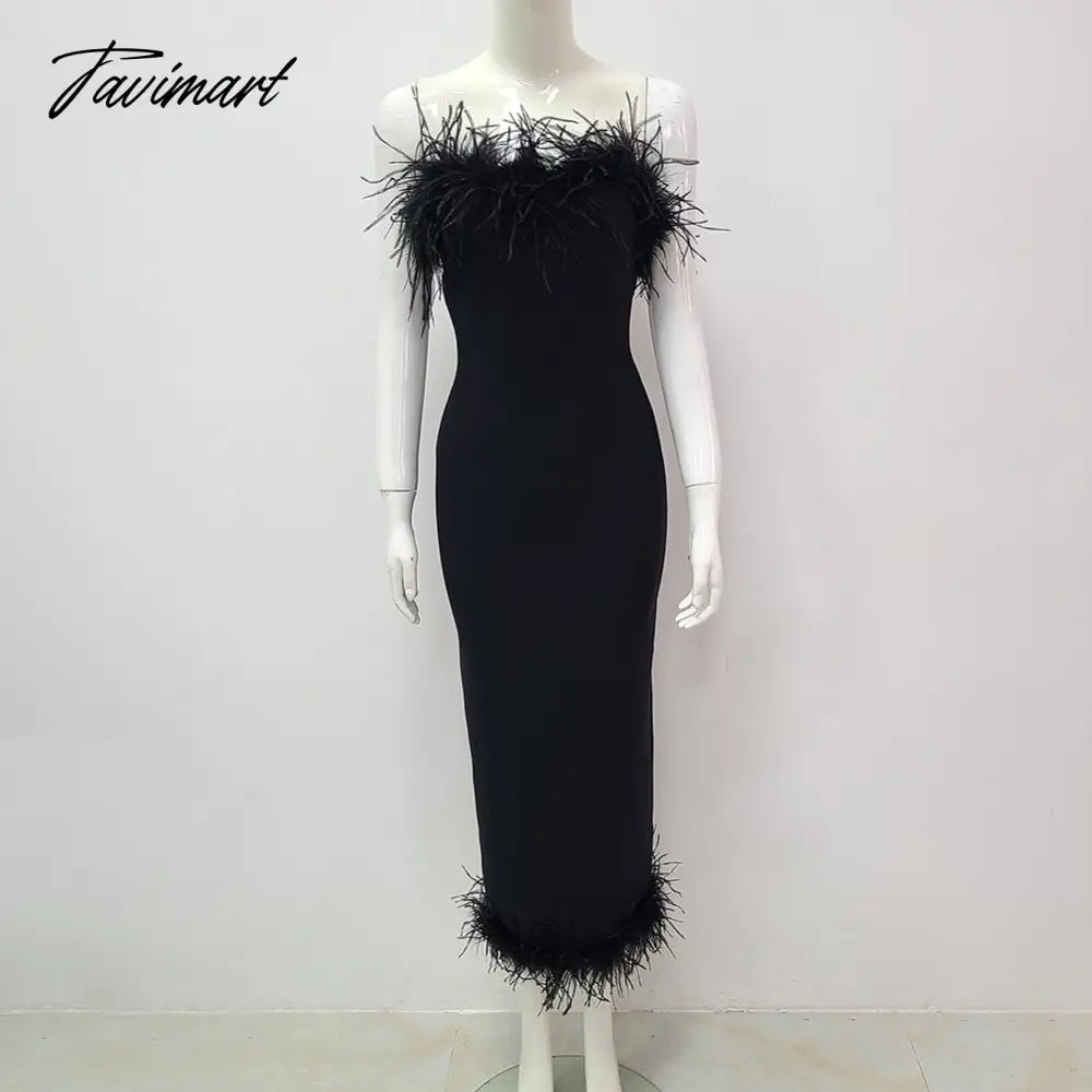Top Quality Women Sexy Off the Shoulder Feathers Bodycon Long Dress Rayon Bandage Fashion Elegant Evening Party Outfit