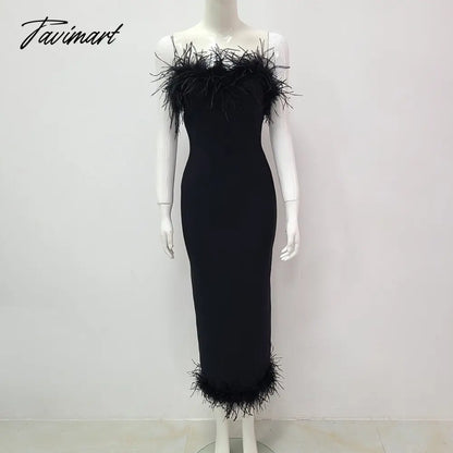 Top Quality Women Sexy Off the Shoulder Feathers Bodycon Long Dress Rayon Bandage Fashion Elegant Evening Party Outfit