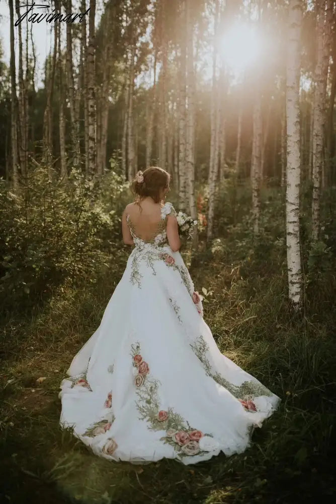 Transparent V-neck Wedding Dress New Design Rose Collection White Dress For Bridal Open Back Long Evening Dresses Elegant Gowns